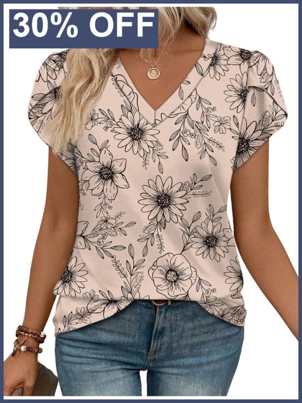 Womens V-Neck Blouse with Petal Sleeve Lace Trim Dressy Casual Work Top